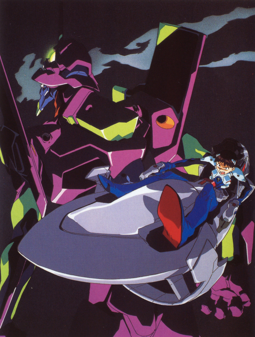 1boy absurdres angry black_background bodysuit brown_hair cockpit entry_plug eva_01 evangelion_(mecha) glowing glowing_eye highres horns ikari_shinji imaishi_hiroyuki interface_headset male_focus mecha multicolored_bodysuit multicolored_clothes neon_genesis_evangelion night official_art open_mouth pilot_suit piloting plugsuit robot scan science_fiction short_hair single_horn sitting smoke