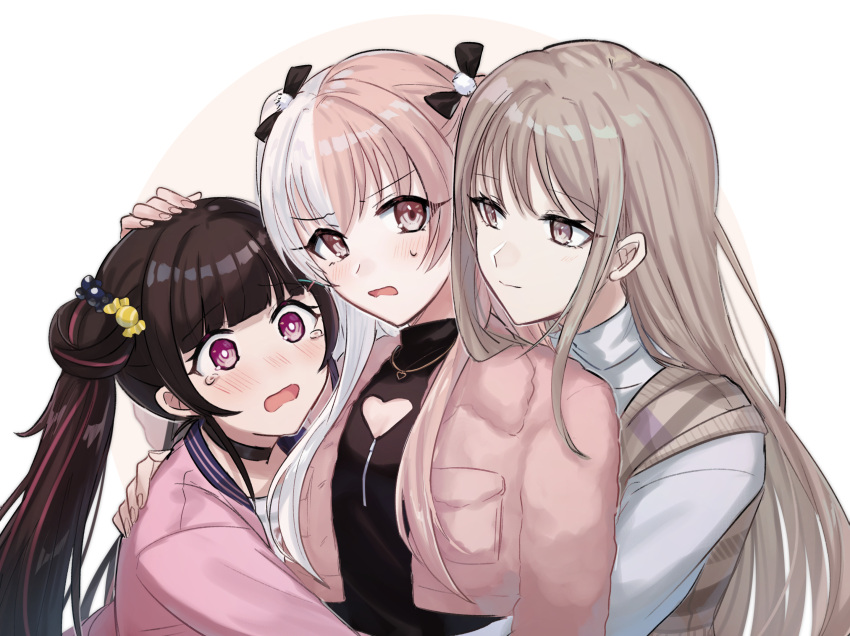 3girls aoki_shizumi black_hair blush breasts brown_background brown_hair choker cleavage cleavage_cutout clothing_cutout commentary crying crying_with_eyes_open d4dj girl_sandwich grey_hair hair_ornament headpat highres hug jacket jewelry kaibara_michiru light_brown_hair multicolored_hair multiple_girls necklace pink_eyes sandwiched shinomiya_kokoa smile sweat sweatdrop sweater tears tendo_hayate twintails two-tone_hair white_background yuri