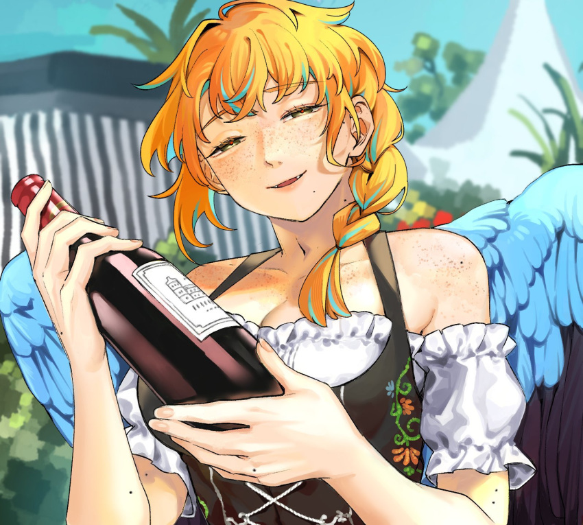 1girl barmaid bird_wings blue_hair blue_wings bodice body_freckles bottle braid dirndl fangs feathered_wings freckles german_clothes green_eyes hair_over_shoulder half-closed_eyes hands_up highres holding holding_bottle long_hair looking_at_viewer mole mole_on_body mole_under_mouth multicolored_hair open_mouth orange_hair original outdoors red_pupils rramarukun single_braid solo streaked_hair upper_body wings