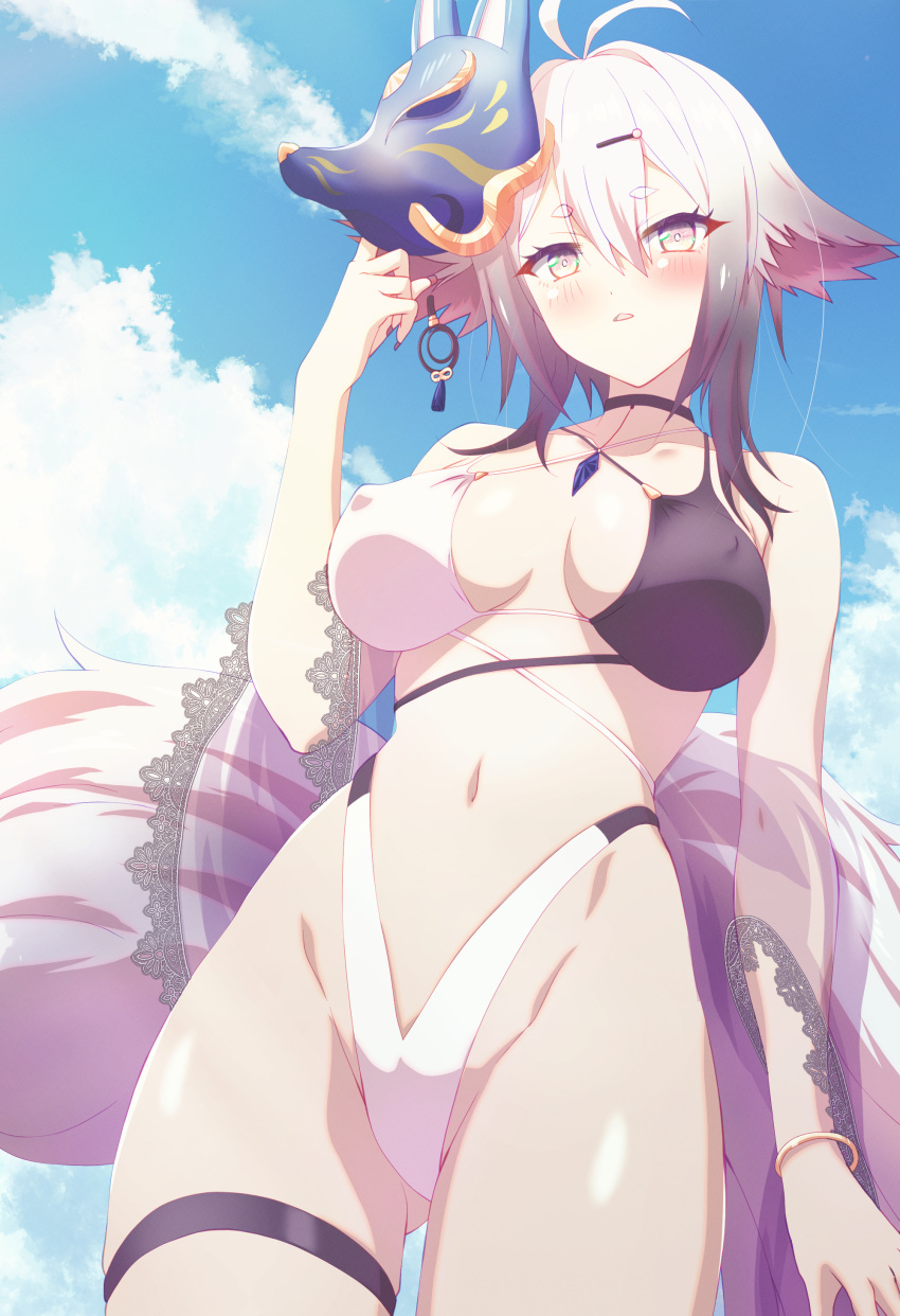 1girl absurdres antenna_hair arbiter1 ass_visible_through_thighs azur_lane bikini black_choker blue_sky breasts choker cloud covered_nipples criss-cross_halter day floppy_ears fox_mask fox_tail from_below grey_hair hair_between_eyes halterneck highleg highleg_bikini highres large_tail looking_at_viewer looking_down mask mask_on_head medium_breasts mixed-language_commentary multicolored_bikini multicolored_clothes navel official_alternate_costume outdoors see-through sky standing swimsuit tail thigh_strap tosa_(azur_lane) tosa_(hometown_zest)_(azur_lane) two-tone_bikini