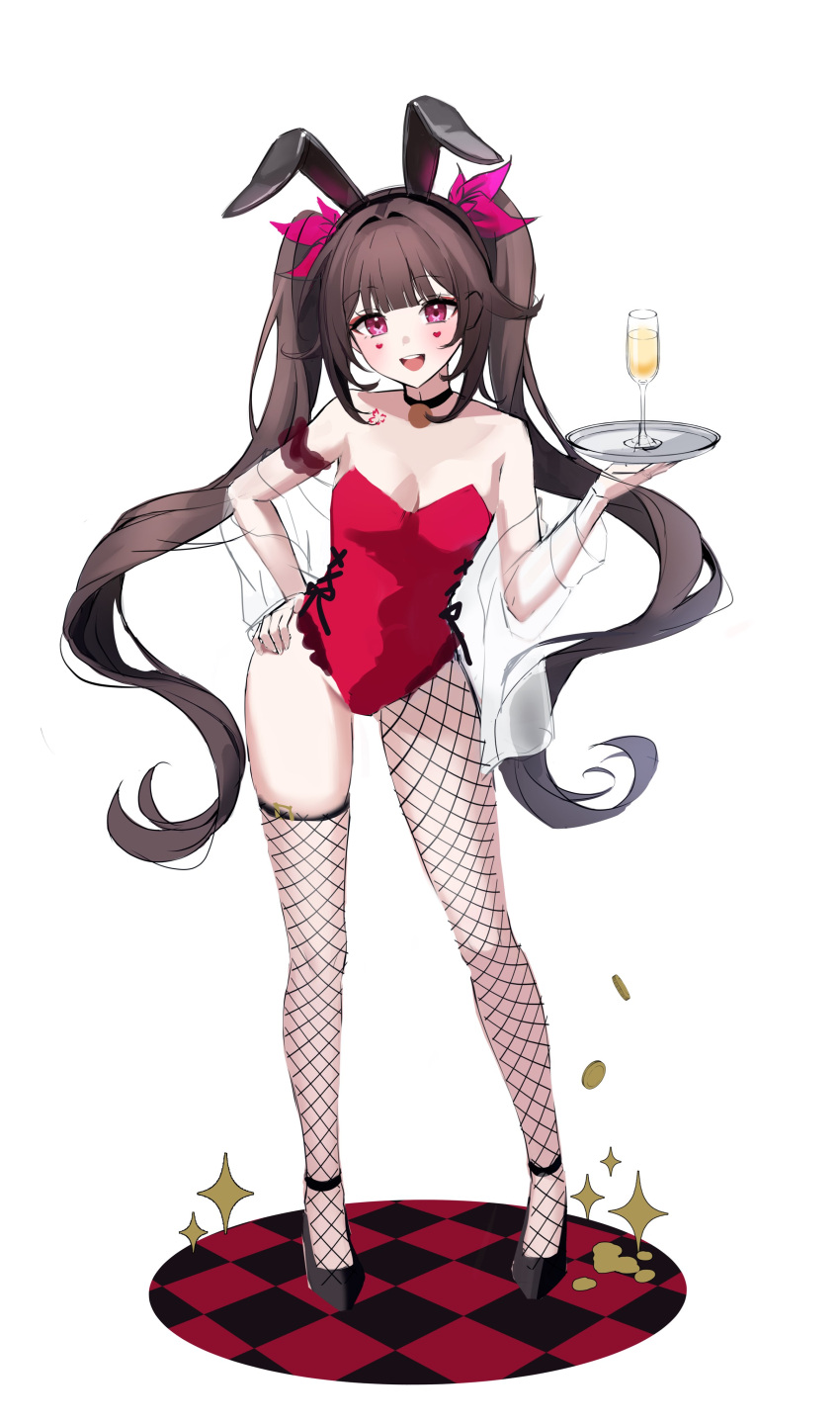 1girl absurdres alternate_costume animal_ears bare_shoulders black_choker brown_hair champagne_flute chest_tattoo choker commentary cup drinking_glass eyeshadow facial_mark fake_animal_ears fishnet_pantyhose fishnet_thighhighs fishnets full_body heart highres honkai:_star_rail honkai_(series) leotard long_hair looking_at_viewer makeup miho_(mymiho) pantyhose pink_eyes rabbit_ears red_leotard single_leg_pantyhose single_thighhigh solo sparkle_(honkai:_star_rail) standing strapless strapless_leotard tattoo thighhighs twintails unfinished very_long_hair white_background