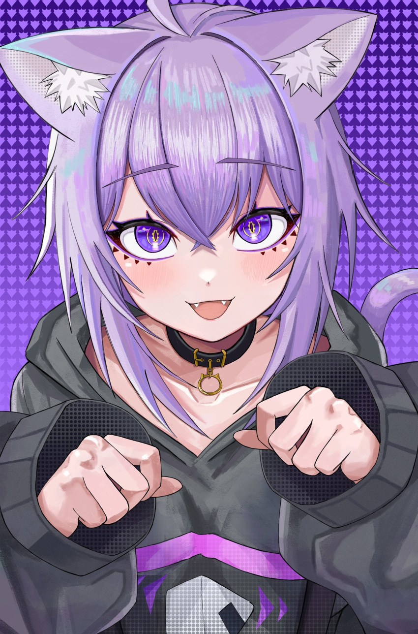 1girl ahoge animal_ear_fluff animal_ears black_collar cat_ears cat_girl cat_tail collar collarbone eyeliner fangs hair_between_eyes highres hololive hood hoodie long_sleeves looking_at_viewer makeup nekomata_okayu nekomata_okayu_(1st_costume) onigiri_print open_mouth orutana1029 purple_background purple_eyeliner purple_eyes purple_hair short_hair smile solo tail virtual_youtuber