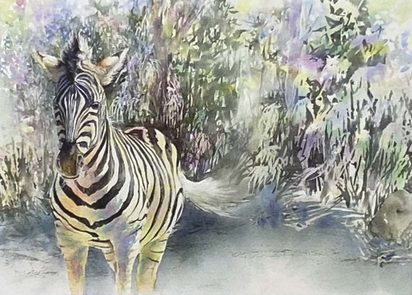 animal animal_focus highres no_humans original painting_(medium) plant realistic scenery traditional_media watercolor_(medium) yu_grassbird zebra