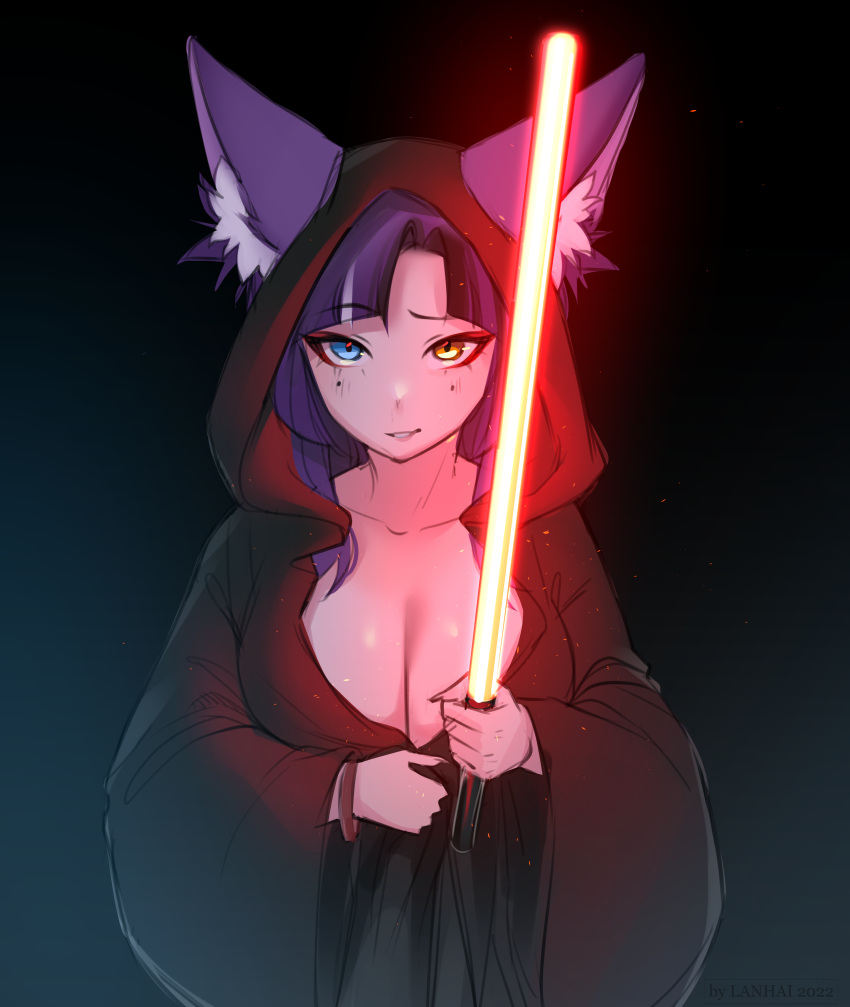 1girl absurdres animal_ear_fluff animal_ears awful_queen_(vtuber) black_cape breasts cape energy_sword fox_ears fox_girl heterochromia highres holding_lightsaber lanhai large_breasts lightsaber looking_at_viewer monster_girl purple_hair raised_eyebrow solo star_wars sword weapon