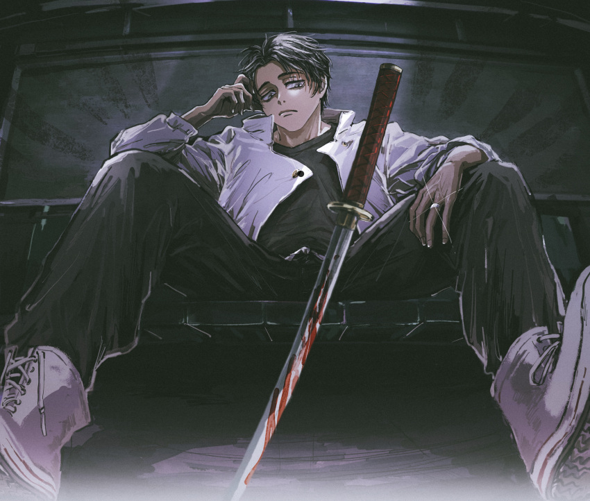 1boy absurdres black_eyes black_hair black_pants black_shirt blood blood_on_weapon closed_mouth full_body hand_up highres indoors jacket jewelry jujutsu_kaisen katana long_sleeves male_focus neuchimonai okkotsu_yuuta pants planted planted_sword ring shirt shoes short_hair sitting solo sword weapon white_footwear white_jacket