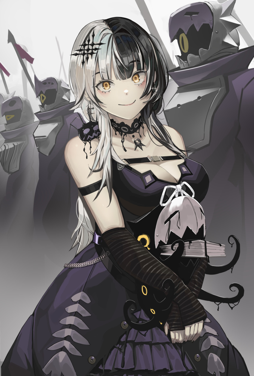 1girl absurdres arm_strap armor black_arm_warmers black_choker black_dress black_hair black_nails blunt_bangs choker dress frilled_dress frills hair_between_eyes hair_ornament highres hololive hololive_english lace lace_choker layered_dress multicolored_hair nail_polish shidomh shiori_novella shiori_novella_(1st_costume) sleeveless sleeveless_dress smile solo spaghetti_strap split-color_hair striped_arm_warmers two-tone_hair virtual_youtuber white_hair yellow_eyes