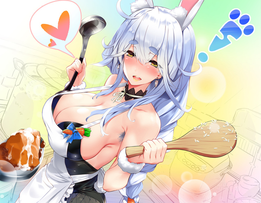 1girl animal_ear_fluff animal_ears apron armpit_hair armpits bare_shoulders black_leotard blue_hair blush braid braided_ponytail breasts carrot choker cleavage cooking from_above hair_between_eyes hands_up heart hololive housewife large_breasts leotard long_hair looking_at_viewer ma-sa multicolored_hair open_mouth orange_eyes pekomama playboy_bunny ponytail rabbit_ears rabbit_tail ribbon_choker short_eyebrows smile speech_bubble spoken_heart tail thick_eyebrows two-tone_hair virtual_youtuber white_hair wristband