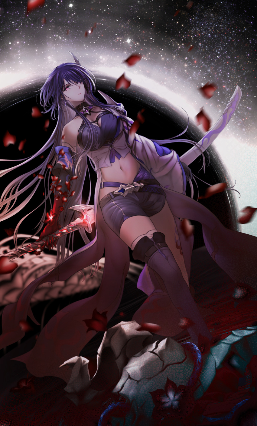 1girl absurdres acheron_(honkai:_star_rail) black_hole boots coat commentary fons highres honkai:_star_rail honkai_(series) katana long_hair looking_at_viewer midriff navel petals purple_eyes purple_hair scabbard sheath single_bare_shoulder solo stomach sword thigh_boots very_long_hair weapon