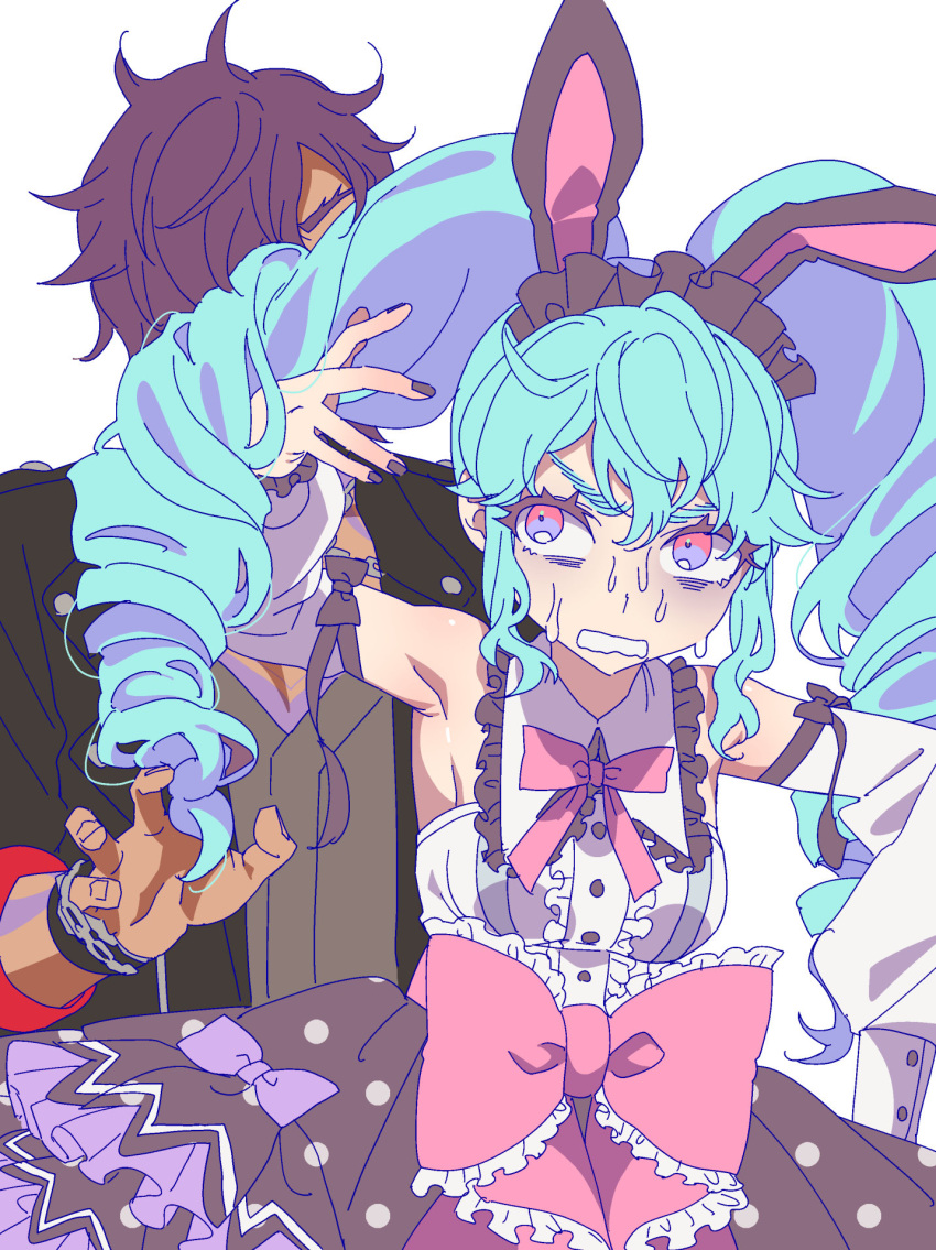 1boy 1girl anchiki_shou animal_ear_hairband animal_ears armpits bad_id bad_twitter_id black_hairband black_jacket black_nails blue_hair bow center_frills dark-skinned_male dark_skin detached_sleeves drill_hair fake_animal_ears frills hairband highres idol_clothes idol_land_pripara jacket katasumi_amari long_hair long_sleeves mario_(pripara) nail_polish nervous nervous_sweating open_mouth pink_bow pink_eyes polka_dot polka_dot_skirt pretty_series pripara rabbit_ear_hairband rabbit_ears shirt short_hair simple_background skirt sleeveless sleeveless_shirt standing sweat twin_drills twintails white_background white_shirt