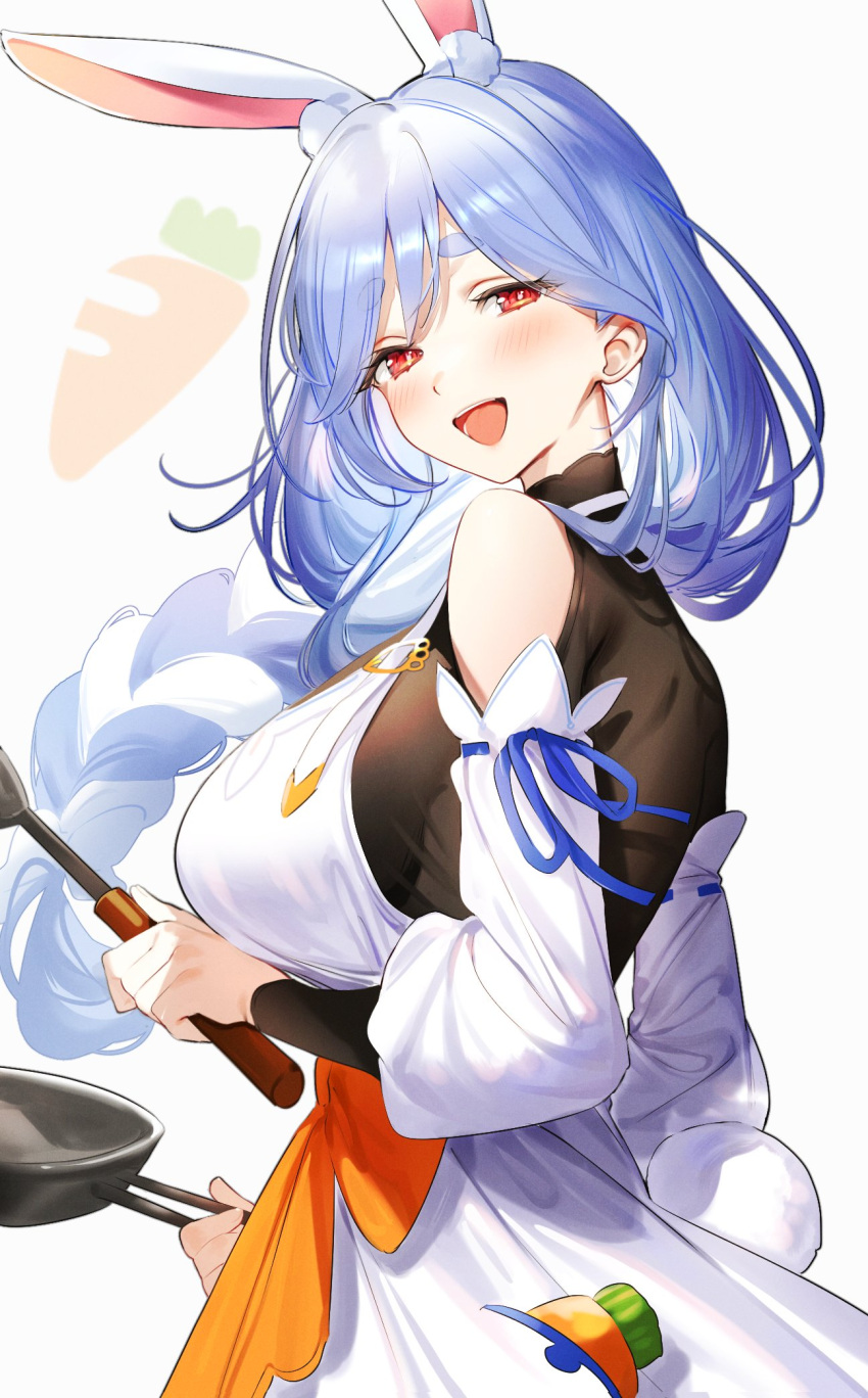 1girl :d animal_ear_fluff animal_ears apron black_bodysuit blue_hair bodysuit braid braided_ponytail breasts carrot carrot_in_pocket clothing_cutout detached_sleeves extra_ears from_side frying_pan highres holding holding_frying_pan holding_utensil hololive kuma_daigorou large_breasts long_hair looking_at_viewer multicolored_hair pekomama rabbit-shaped_pupils rabbit_ears rabbit_girl rabbit_tail red_eyes shoulder_cutout single_braid smile solo standing streaked_hair symbol-shaped_pupils tail teeth thick_eyebrows upper_teeth_only virtual_youtuber white_apron white_background white_hair white_sleeves