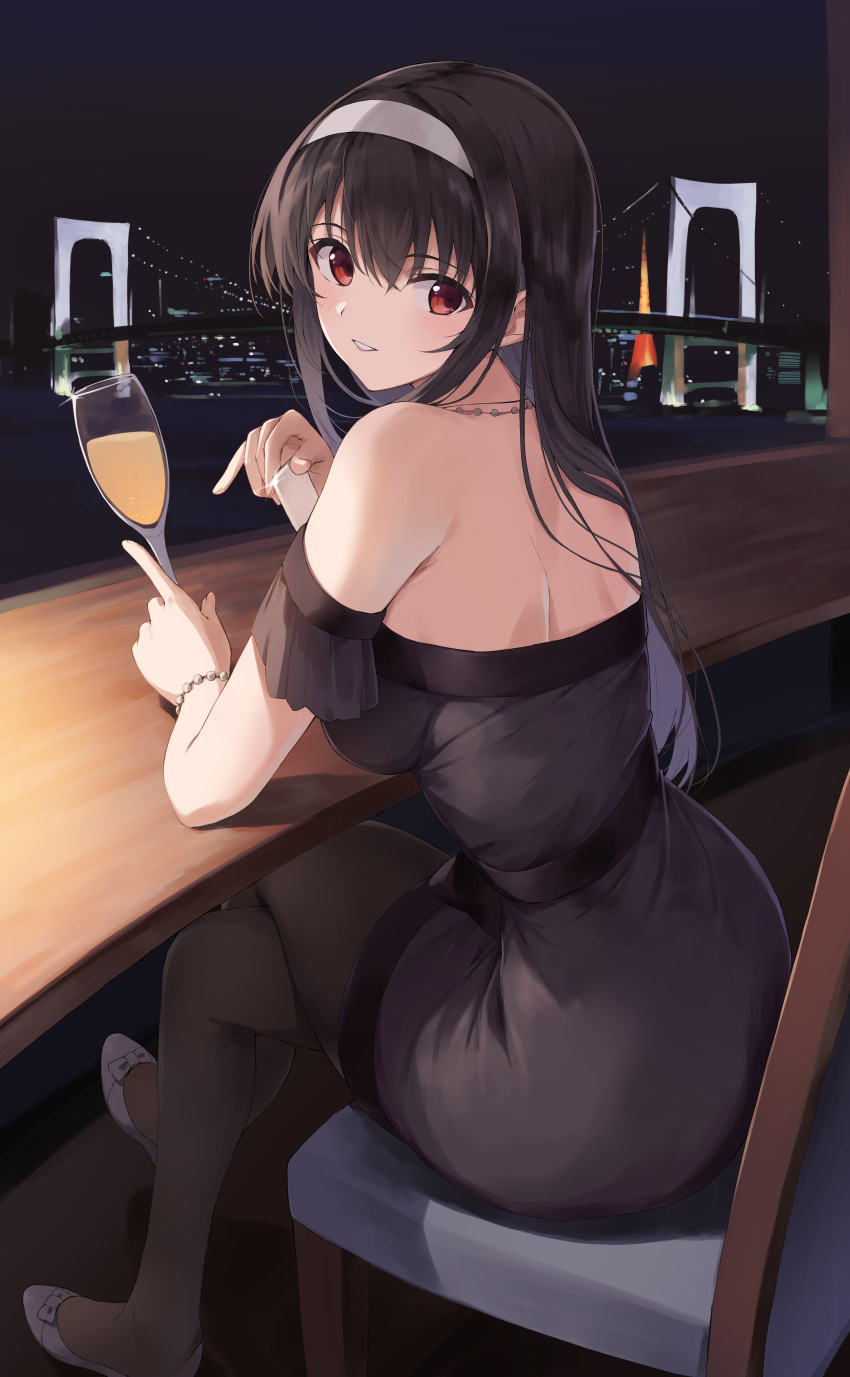 1girl absurdres alcohol alternate_costume back bare_shoulders black_hair black_pantyhose blush bracelet breasts bridge champagne commentary crossed_bangs crossed_legs cup curvy dress drinking_glass foot_out_of_frame formal from_behind glint hair_between_eyes hairband highres holding holding_cup index_finger_raised indoors jewelry kasumigaoka_utaha large_breasts long_hair looking_at_viewer looking_back necklace night night_sky off-shoulder_dress off_shoulder on_chair pantyhose parted_lips pearl_bracelet pearl_necklace red_eyes saenai_heroine_no_sodatekata short_sleeves sitting sky smile solo straight_hair tokyo_tower white_footwear white_hairband window wine wine_glass yanagi_marie