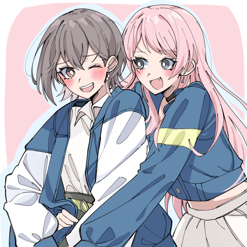 2girls :d ;d bang_dream! bang_dream!_it's_mygo!!!!! black_choker blue_jacket blue_outline blush border brown_eyes chihaya_anon choker collared_shirt commentary_request cowboy_shot cropped_jacket earrings fang grey_hair highres hug hug_from_behind jacket jewelry long_hair long_sleeves midriff multiple_girls nanami_(nunnun_0410) one_eye_closed open_clothes open_jacket open_mouth outline outside_border pink_background pink_hair pleated_skirt shirt short_hair skin_fang skirt smile takamatsu_tomori white_border white_shirt white_skirt