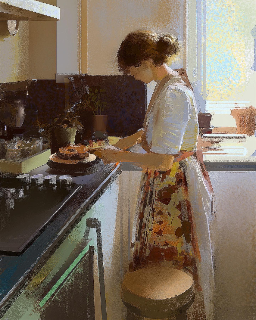 1girl apron brown_hair cooking counter dress faux_traditional_media feet_out_of_frame floral_print_apron food from_side hair_bun highres holding holding_food indoors kitchen long_hair looking_down original oven plant plate potted_plant realistic shelf shirt sink solo standing sunlight tile_wall tiles white_dress white_shirt window yuming_li