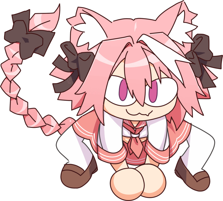 &lt;|&gt;_&lt;|&gt; :3 animal_ear_fluff animal_ears astolfo_(fate) astolfo_(sailor_paladin)_(fate) black_bow bow braid cat_ears fang fate/apocrypha fate/grand_order fate_(series) fusion hair_bow hair_intakes hair_ribbon highres long_braid long_hair looking_at_viewer melty_blood multicolored_hair neco-arc neco_spirit official_alternate_costume pink_hair pink_sailor_collar purple_eyes red_sailor_collar ribbon sailor_collar school_uniform serafuku single_braid skin_fang skirt smile solo streaked_hair thighhighs third-party_edit transparent_background tsukihime type-moon white_hair zomochikun