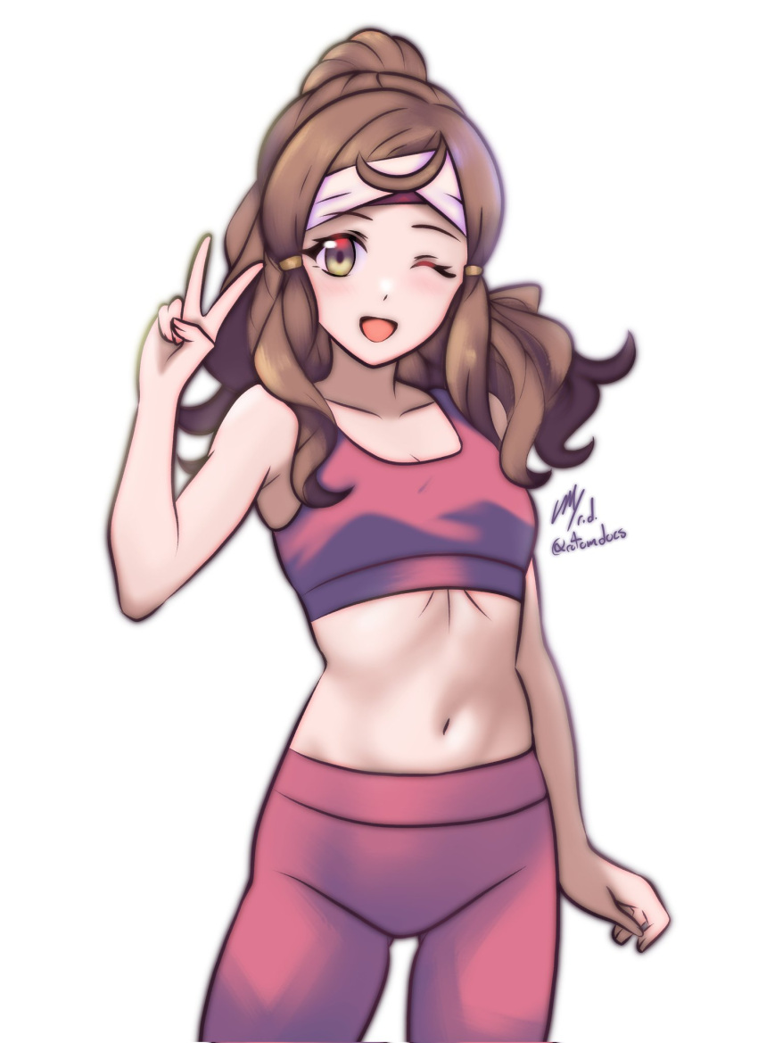 1girl alternate_hairstyle bare_shoulders brown_eyes brown_hair commission english_commentary fire_emblem fire_emblem_fates hana_(fire_emblem) headband highres navel pants pink_sports_bra rotomdocs sports_bra v yoga_pants