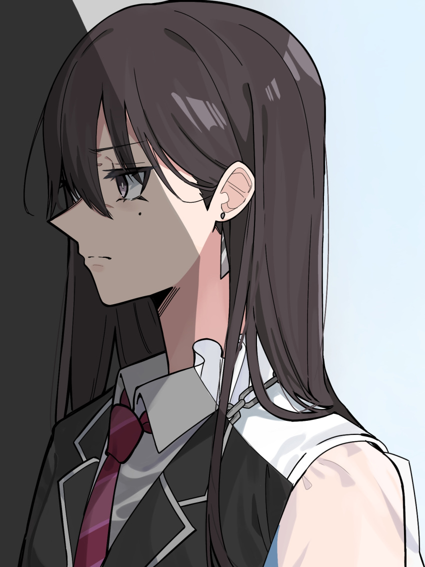 1girl bang_dream! bang_dream!_it's_mygo!!!!! black_hair black_jacket blazer chain_necklace closed_mouth collared_shirt commentary_request diagonal-striped_clothes diagonal-striped_necktie earrings hair_behind_ear hair_between_eyes highres jacket jewelry long_hair mole mole_under_eye nanami_(nunnun_0410) necklace necktie purple_eyes red_necktie revealing_layer see-through see-through_sleeves shade shiina_taki shirt solo striped_clothes upper_body white_shirt