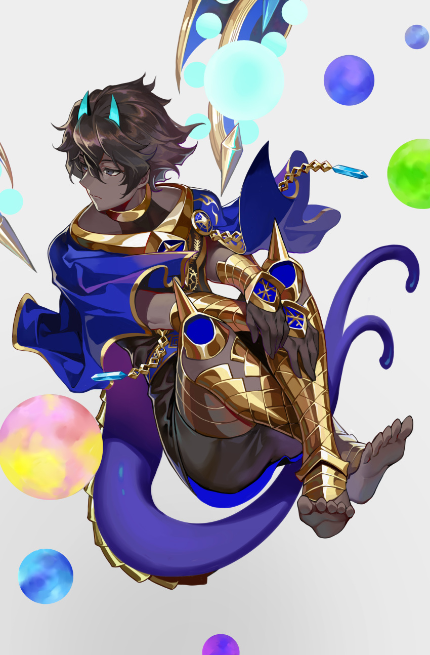 1boy absurdres arjuna_(fate) arjuna_alter_(fate) armlet armor barefoot black_eyes black_hair black_shorts blue_horns dark-skinned_male dark_skin expressionless fate/grand_order fate_(series) floating full_body glowing_horns gold_armor highres horns indian_clothes knees_up male_focus orb short_hair shorts simple_background sin_(btc86amme) solo spiked_armor toes vambraces very_dark_skin