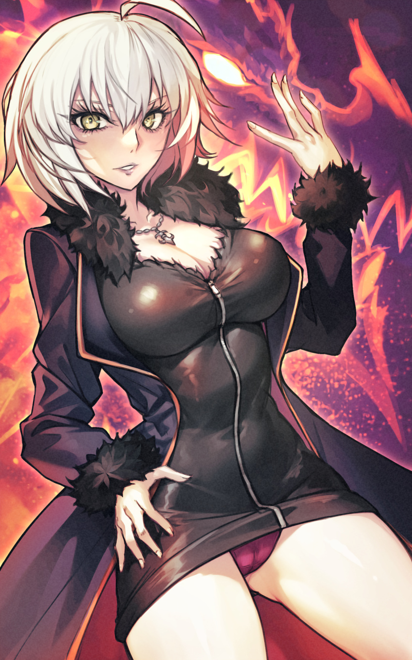 1girl absurdres black_dress black_footwear blue_coat boots breasts cleavage coat collarbone dress dynamitenatalia fate/grand_order fate_(series) fire fur-trimmed_coat fur_trim grey_hair highres jeanne_d'arc_alter_(fate) jeanne_d'arc_alter_(ver._shinjuku_1999)_(fate) jewelry knee_boots large_breasts long_sleeves looking_at_viewer necklace open_clothes open_coat panties purple_panties short_dress short_hair smile solo thighs underwear yellow_eyes