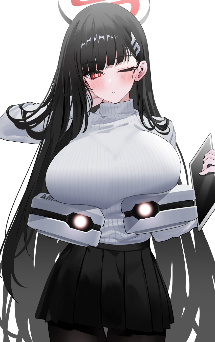 1girl absurdres black_hair black_skirt blue_archive breasts hair_ornament hairpin halo highres huge_breasts long_hair long_sleeves looking_at_viewer one_eye_closed pleated_skirt red_eyes ribbed_sweater rio_(blue_archive) simple_background skirt solo sweater turtleneck turtleneck_sweater white_background white_sweater yuki_(asayuki101)