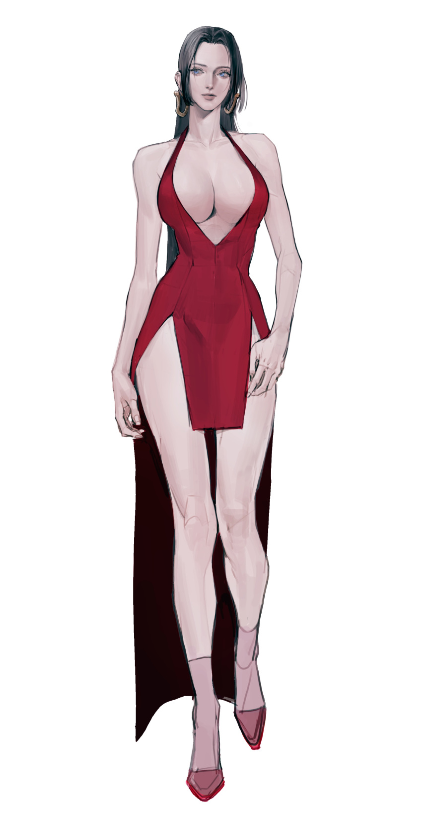 1girl absurdres black_hair blue_eyes boa_hancock breasts cleavage commentary dress earrings english_commentary forehead full_body highres hip_vent jewelry large_breasts long_hair one_piece plush_brain red_dress red_footwear sideways_glance simple_background smile snake_earrings solo white_background
