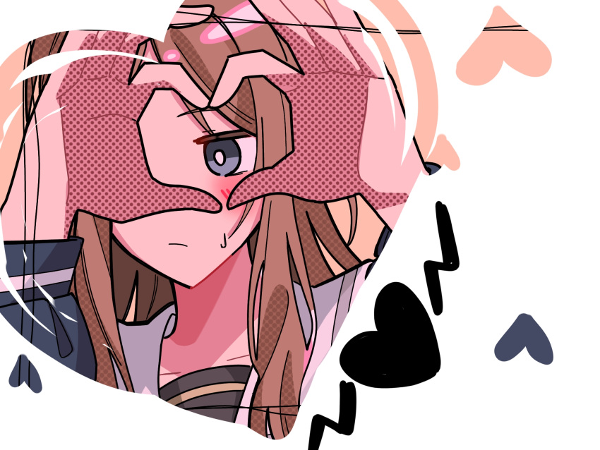 1girl bang_dream! bang_dream!_it's_mygo!!!!! blue_eyes blue_shirt blush closed_mouth collarbone commentary_request halftone_texture heart heart_border heart_hands heart_hands_over_eye highres long_hair nagasaki_soyo nanami_(nunnun_0410) revealing_layer sailor_collar school_uniform shirt solo sweatdrop tsukinomori_school_uniform upper_body white_sailor_collar