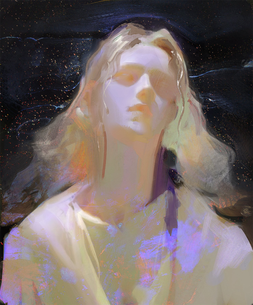 1other abstract art_study blonde_hair brown_hair chiaroscuro closed_eyes closed_mouth collarbone commentary english_commentary facing_viewer faux_traditional_media floating_hair head_back highres lips long_hair original portrait shirt sketch sky solo space star_(sky) starry_sky upper_body white_hair yuming_li