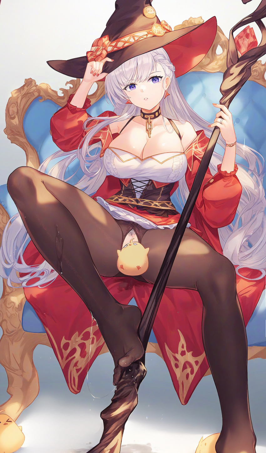 1girl ai-assisted alternate_costume azur_lane barefoot belfast_(azur_lane) breasts broken broken_chain brown_hat brown_pantyhose censored chain cleavage coat crotchless crotchless_pantyhose english_commentary female_pubic_hair foot_out_of_frame framed_breasts gem hat highres holding holding_staff huge_breasts jewelry long_sleeves looking_at_viewer manjuu_(azur_lane) nail_polish pantyhose pubic_hair puffy_sleeves purple_eyes purple_hair red_coat red_gemstone red_nails ring sitting solo spread_legs staff urdha wedding_ring witch_hat