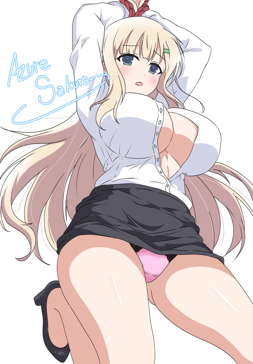 1girl absurdres azuresakura blonde_hair breasts green_eyes high_heels highres long_hair looking_at_viewer office_lady open_mouth rope senran_kagura senran_kagura_new_link underwear white_background yomi_(senran_kagura)