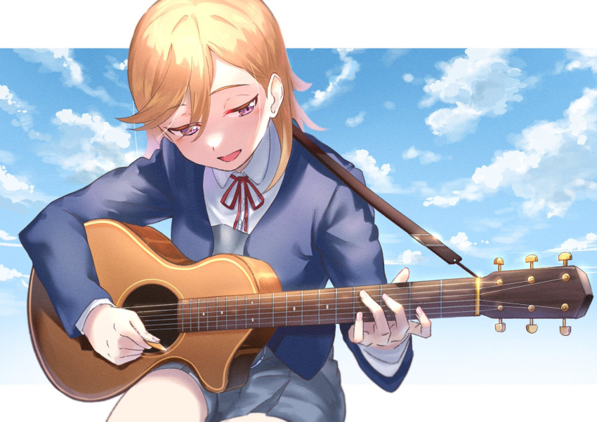 1girl acoustic_guitar blue_jacket blue_sky cloud collared_shirt commentary_request dress grey_dress guitar highres holding holding_plectrum instrument jacket long_sleeves looking_at_object love_live! love_live!_superstar!! medium_hair music neck_ribbon open_clothes open_jacket open_mouth orange_hair playing_instrument plectrum purple_eyes red_ribbon repurika ribbon school_uniform shibuya_kanon shirt sitting sky solo upper_body white_shirt winter_uniform yuigaoka_school_uniform