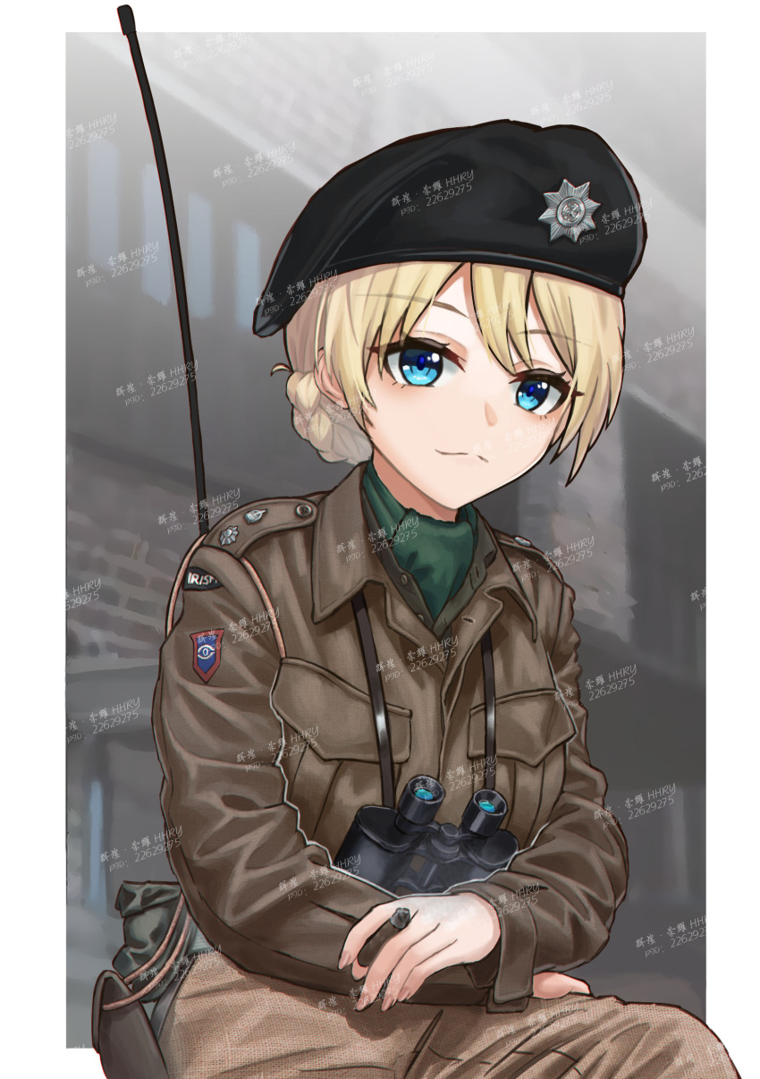 1girl absurdres alternate_costume ascot beret binoculars black_hat blonde_hair blue_eyes braid brown_jacket brown_pants chinese_commentary chinese_text cigar closed_mouth commentary_request commission darjeeling_(girls_und_panzer) emblem english_commentary girls_und_panzer green_ascot hat highres holding holding_cigar huihuang_rongyao insignia jacket long_sleeves looking_at_viewer military military_hat military_uniform mixed-language_commentary pants pouch radio short_hair sitting smile solo uniform united_kingdom watermark world_war_ii