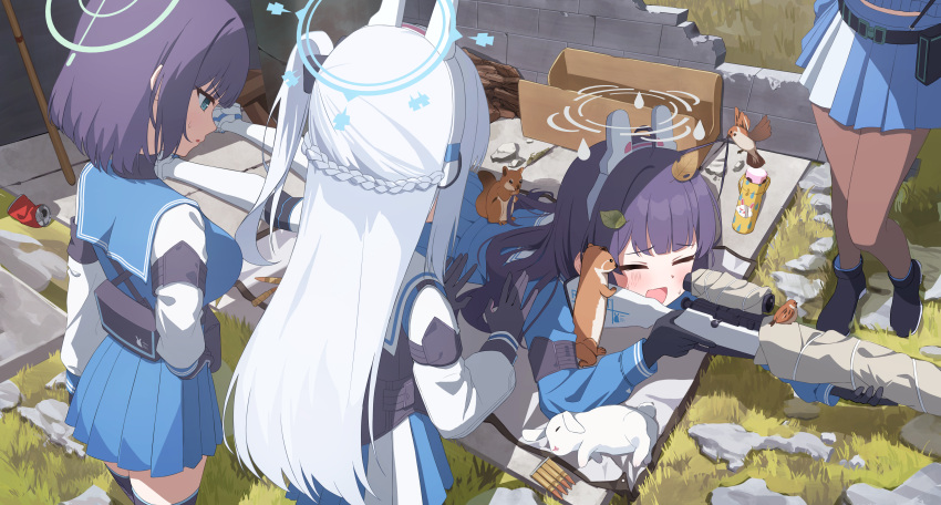 4girls absurdres animal animal_ears bird black_footwear black_gloves black_hair black_pantyhose blue_archive blue_serafuku blue_skirt blush boots braid closed_eyes day earpiece fake_animal_ears gloves green_eyes gun highres holding holding_gun holding_weapon leaf leaf_on_head long_hair long_sleeves miyako_(blue_archive) miyu_(blue_archive) moe_(blue_archive) multiple_girls open_mouth outdoors pantyhose pleated_skirt purple_hair rabbit rabbit_ears rabbit_platoon_(blue_archive) rahy saki_(blue_archive) school_uniform serafuku short_hair skirt sparrow squirrel two-tone_skirt weapon white_hair white_pantyhose white_skirt