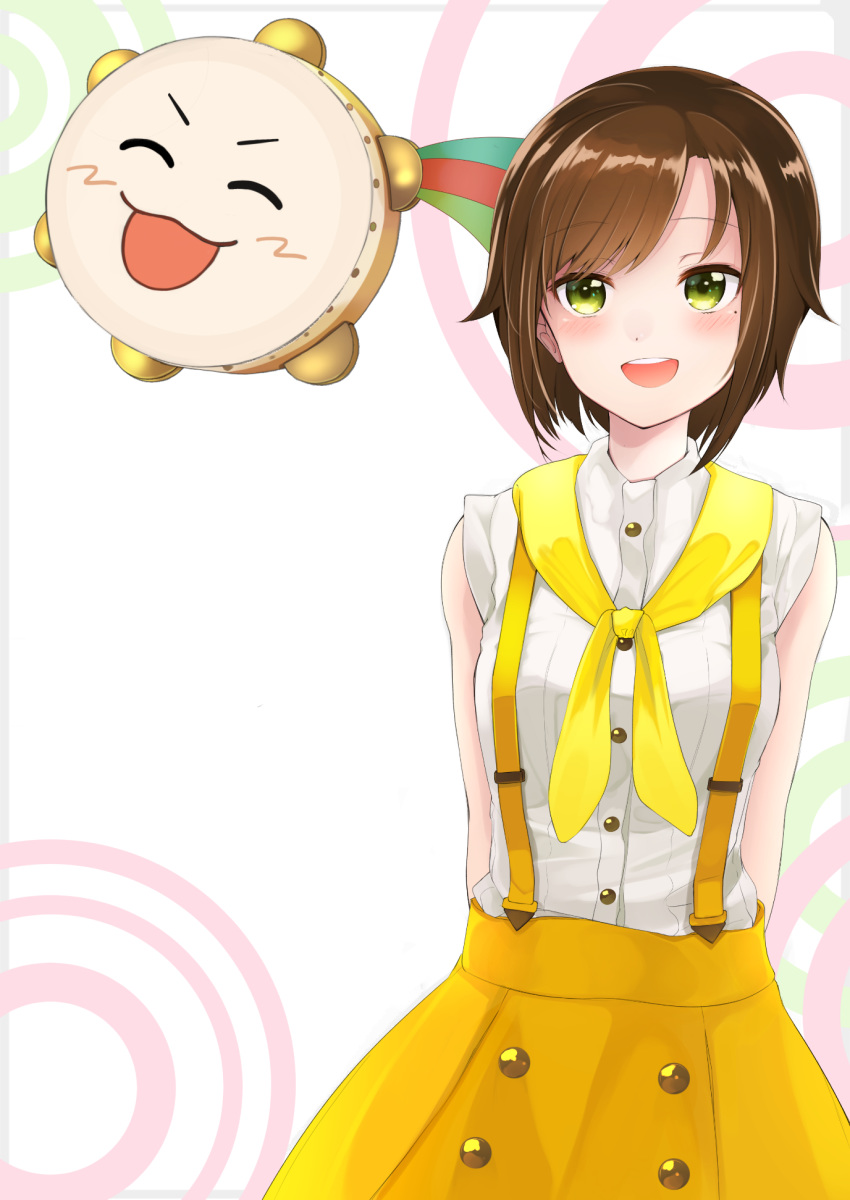 :d ^_^ arms_behind_back bangs bare_shoulders blush brown_hair closed_eyes collared_shirt commentary_request cymbals date_(mamanonamaebot) dress_shirt eyebrows_visible_through_hair green_eyes highres instrument kashiko_mari mari_channel mole mole_under_eye open_mouth orange_skirt round_teeth shirt skirt sleeveless sleeveless_shirt smile solo suspender_skirt suspenders teeth upper_teeth v-shaped_eyebrows virtual_youtuber white_shirt