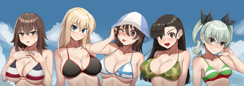 5girls ;p anchovy_(girls_und_panzer) asymmetrical_bangs bikini black_bikini black_eyes black_hair black_ribbon blonde_hair blue_eyes blue_hat blue_sky breasts brown_eyes brown_hair camouflage camouflage_bikini character_request cleavage_cutout closed_mouth clothing_cutout cloud cloudy_sky commentary commission day drill_hair english_commentary finnish_flag flag_print girls_und_panzer green_bikini green_hair hair_ribbon half-closed_eyes halterneck hand_in_own_hair hands_on_own_chest highres large_breasts light_frown long_hair looking_at_viewer medium_breasts medium_hair mika_(girls_und_panzer) multicolored_stripes multiple_girls nico-mo nishi_kinuyo one_eye_closed open_mouth outdoors parted_lips ribbon short_hair side-by-side sky smile straight_hair striped_bikini striped_clothes sweat swimsuit tongue tongue_out tulip_hat twin_drills twintails white_bikini