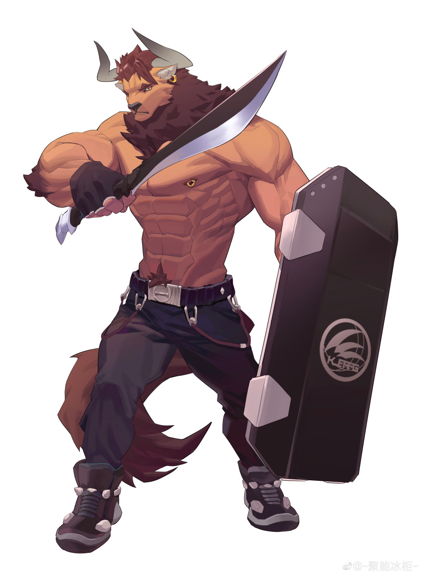 1boy absurdres alternate_muscle_size animal_ears arknights bara chest_tuft cow_ears cow_horns dual_wielding full_body furrification furry furry_male highres holding holding_shield holding_sword holding_weapon horns ju_neng_binggui large_pectorals looking_at_viewer male_focus matterhorn_(arknights) minotaur muscular muscular_male nipple_piercing nipple_rings pectorals piercing serious shield short_hair shredded_muscles solo standing sword thick_navel_hair topless_male v-taper weapon