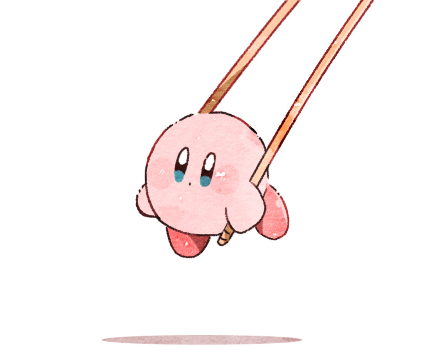 blue_eyes blush blush_stickers chopsticks colored_skin commentary_request creature full_body iroiro_(1616k_iro) kirby kirby_(series) looking_at_viewer no_humans open_mouth pink_skin solo white_background