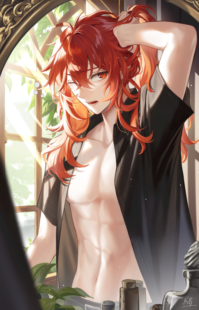 absurdres arm_up black_shirt diluc_(genshin_impact) genshin_impact hair_between_eyes highres long_hair male_focus mirror muscular muscular_male navel noes one_eye_closed open_clothes open_mouth open_shirt red_eyes red_hair shirt stomach