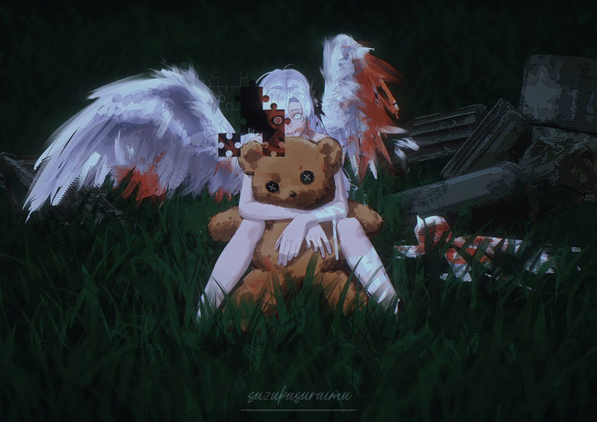 1girl :d absurdres artist_name bandaged_arm bandaged_leg bandages blood blood_on_face grass highres hugging_doll hugging_object isekai_joucho jigsaw_puzzle kamitsubaki_studio knees_up outdoors puzzle red_eyes sitting skeleton smile solo stuffed_animal stuffed_toy suzukasuraimu teddy_bear virtual_youtuber white_eyes white_hair white_wings wings