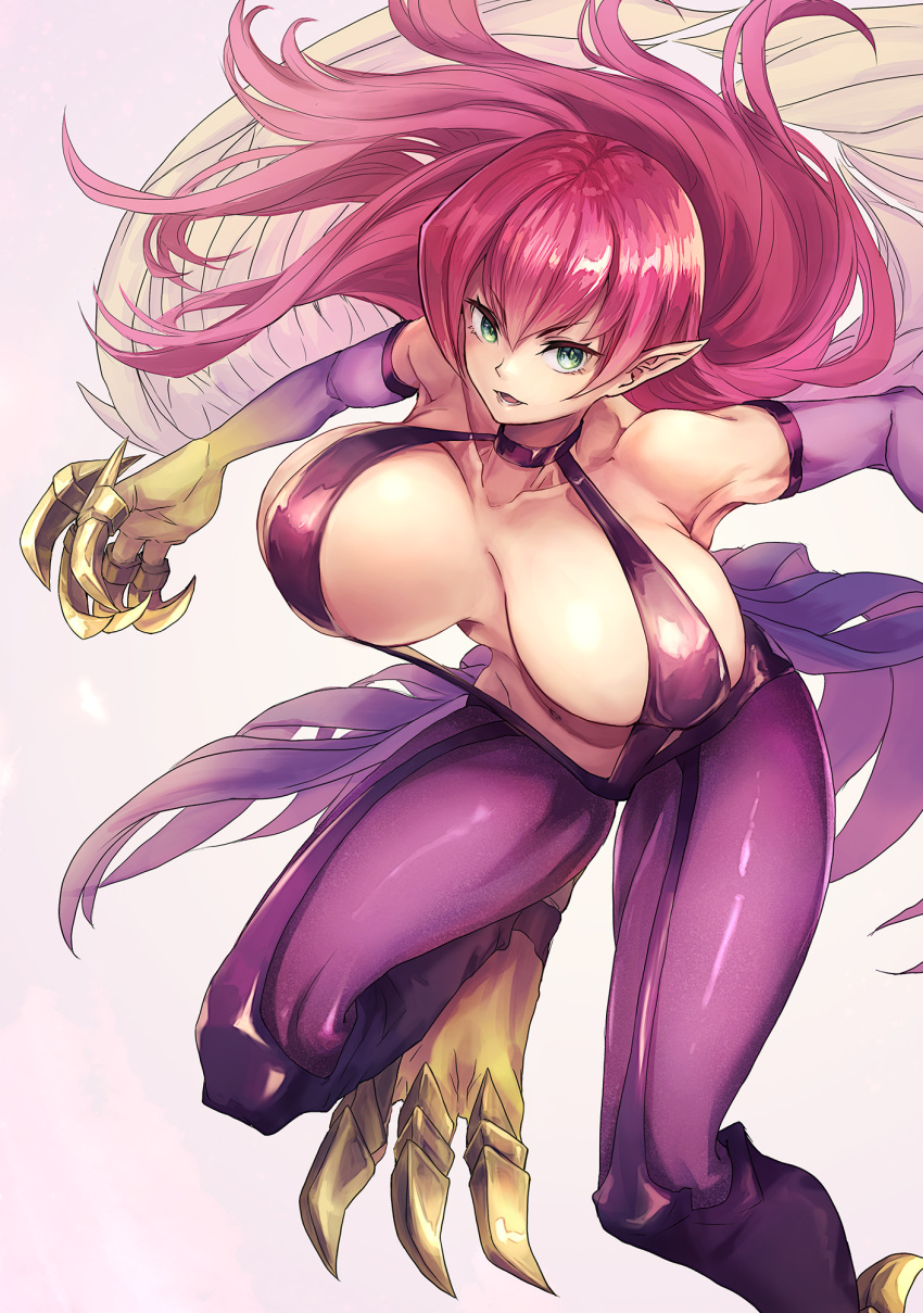 1girl animal_feet animal_hands bare_shoulders bouncing_breasts breasts claws cleavage colored_skin duel_monster feathered_wings gradient_skin green_eyes harpie_lady harpie_lady_1 harpy highres large_breasts monster_girl pantyhose parted_lips purple_skin red_hair shouma_(bravespiritya) slingshot_swimsuit solo standing standing_on_one_leg swimsuit winged_arms wings yu-gi-oh!