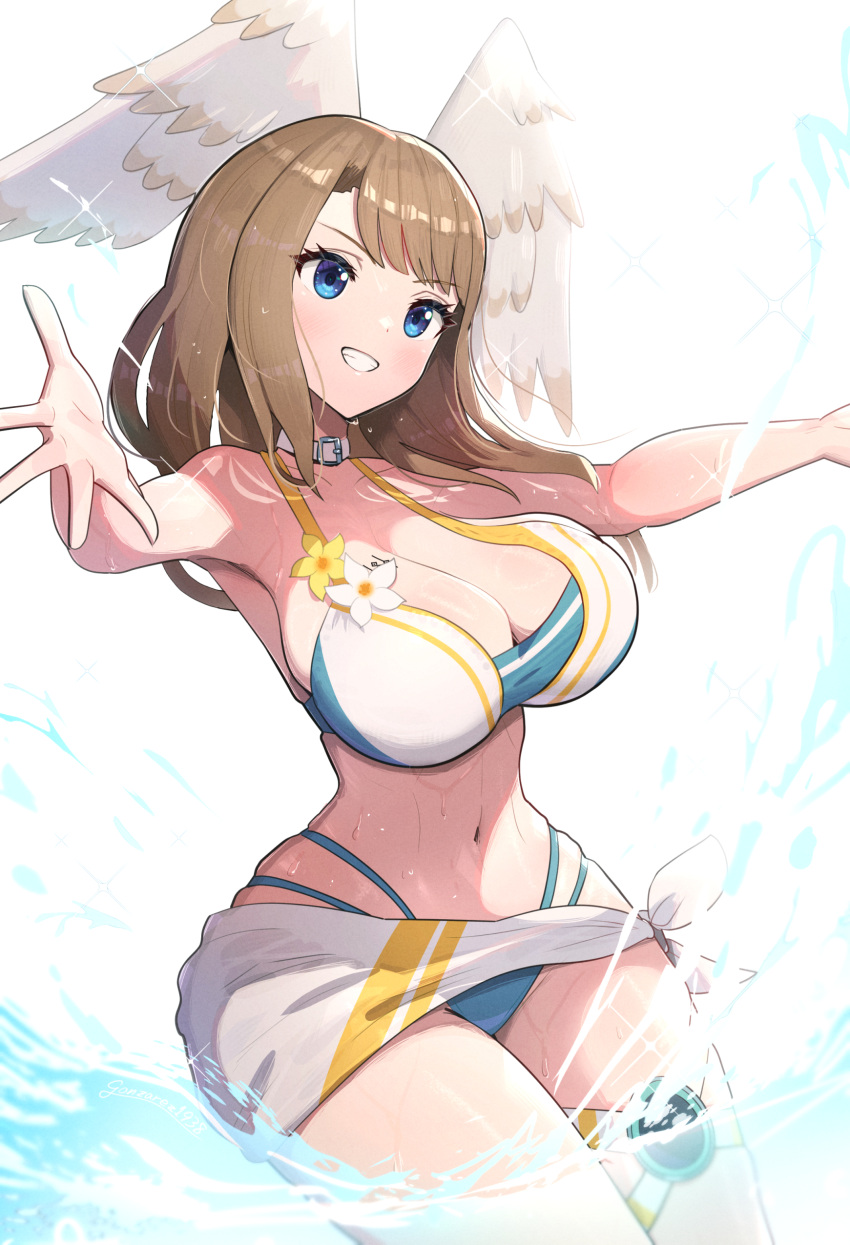 1girl absurdres belt_collar bikini blue_eyes breasts brown_hair choker collar eunie_(xenoblade) feathered_wings flower gonzarez head_wings highres large_breasts light_brown_hair multicolored_bikini multicolored_clothes solo splashing swimsuit thigh_strap water wet wings xenoblade_chronicles_(series) xenoblade_chronicles_3