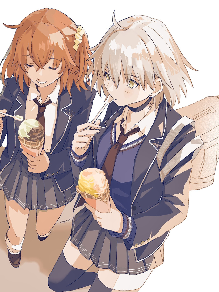 2girls ahoge bag black_choker black_jacket black_necktie black_thighhighs blazer choker closed_eyes collared_shirt eating fate/grand_order fate_(series) food from_above fujimaru_ritsuka_(female) grey_skirt grey_sweater hair_ornament hair_scrunchie highres holding holding_food holding_ice_cream holding_ice_cream_cone holding_spoon huwamo9_8ku ice_cream ice_cream_cone jacket jeanne_d'arc_alter_(fate) loafers long_sleeves medium_hair multiple_girls necktie official_alternate_costume one_side_up open_clothes open_jacket orange_hair pleated_skirt school_bag school_uniform scrunchie shadow shirt shoes short_hair skirt socks soft_serve spoon sweater thighhighs v-neck waffle_cone white_hair white_shirt white_socks yellow_eyes yellow_scrunchie