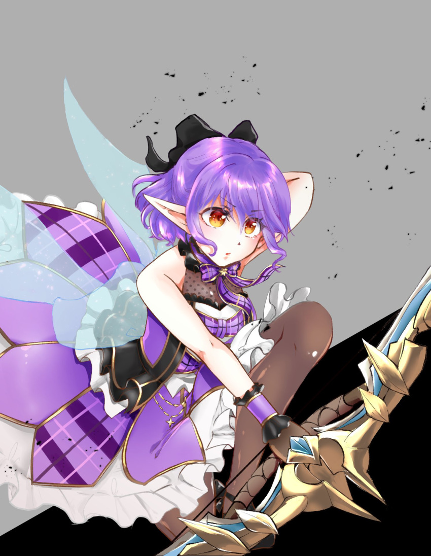 1girl black_bow black_vest blush bow bow_(weapon) bowtie breasts brown_eyes brown_pantyhose character_request commentary_request dress fairy_wings feet_out_of_frame frilled_dress frills hair_between_eyes hair_bow highres holding holding_bow_(weapon) holding_weapon medium_bangs medium_breasts moko_(gumaguma_m) open_clothes open_mouth open_vest pantyhose plaid plaid_bow plaid_bowtie plaid_dress pointy_ears purple_bow purple_bowtie purple_dress purple_hair ragnarok_masters ragnarok_online short_hair sleeveless sleeveless_dress solo vest weapon wings wrist_cuffs
