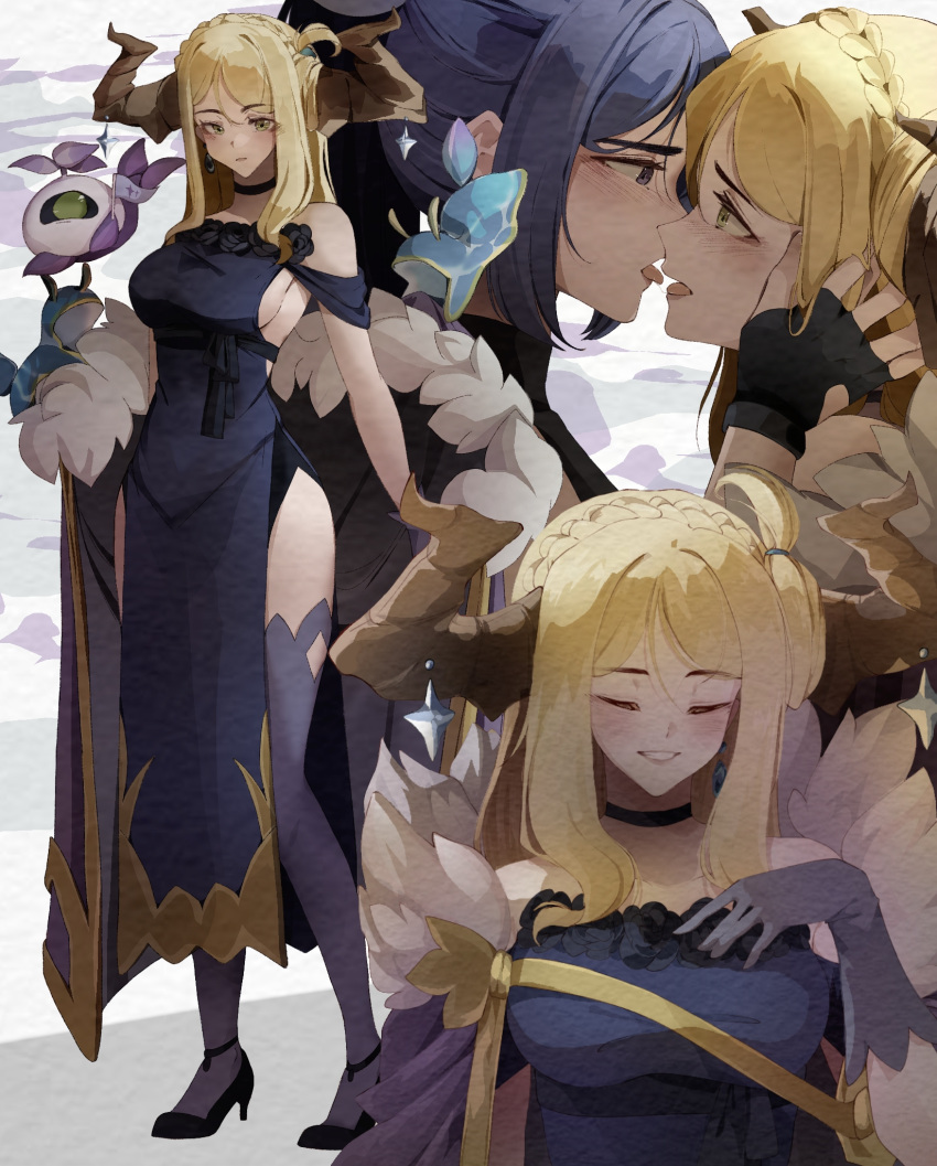 2girls after_kiss black_cape black_choker black_dress black_footwear black_gloves blonde_hair blue_hair blush braid breasts cape choker commentary crown_braid dress earrings english_commentary fingerless_gloves fur-trimmed_cape fur_trim genjitsu_no_yohane gloves green_eyes hand_on_another's_face high_heels highres horns jewelry large_breasts long_hair love_live! love_live!_sunshine!! matsuura_kanan multiple_girls niant9n off-shoulder_dress off_shoulder ohara_mari one_side_up parted_lips pellapie pelvic_curtain ponytail purple_eyes saliva saliva_trail sideboob tongue tongue_out yuri