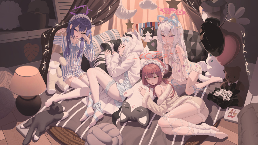 4girls absurdres aru_(blue_archive) black_hair black_horns blue_archive brown_horns demon_horns floor grey_hair hair_between_eyes halo haruka_(blue_archive) highres horns indoors kayoko_(blue_archive) long_hair long_sleeves multicolored_hair multiple_girls mutsuki_(blue_archive) one_eye_closed open_mouth pajamas pink_eyes pink_hair pink_halo problem_solver_68_(blue_archive) purple_eyes purple_hair purple_halo red_halo rui_(rei_leyi) short_hair sleeping star_(symbol) star_print striped_clothes stuffed_animal stuffed_cat stuffed_toy teddy_bear thighhighs toes vertical-striped_clothes vertical-striped_pajamas white_pajamas white_thighhighs yellow_eyes