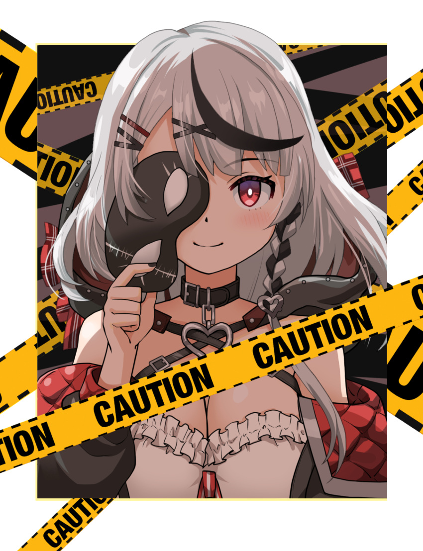 1girl black_hair breasts caution_tape chain choker cleavage commentary_request domino_mask grey_hair hair_ornament hairclip haniwa_(leaf_garden) heart heart_necklace highres holding holding_mask hololive jewelry large_breasts long_hair long_sleeves looking_at_viewer mask mask_over_one_eye multicolored_hair necklace off-shoulder_jacket off_shoulder red_eyes sakamata_chloe smile solo strap streaked_hair upper_body virtual_youtuber