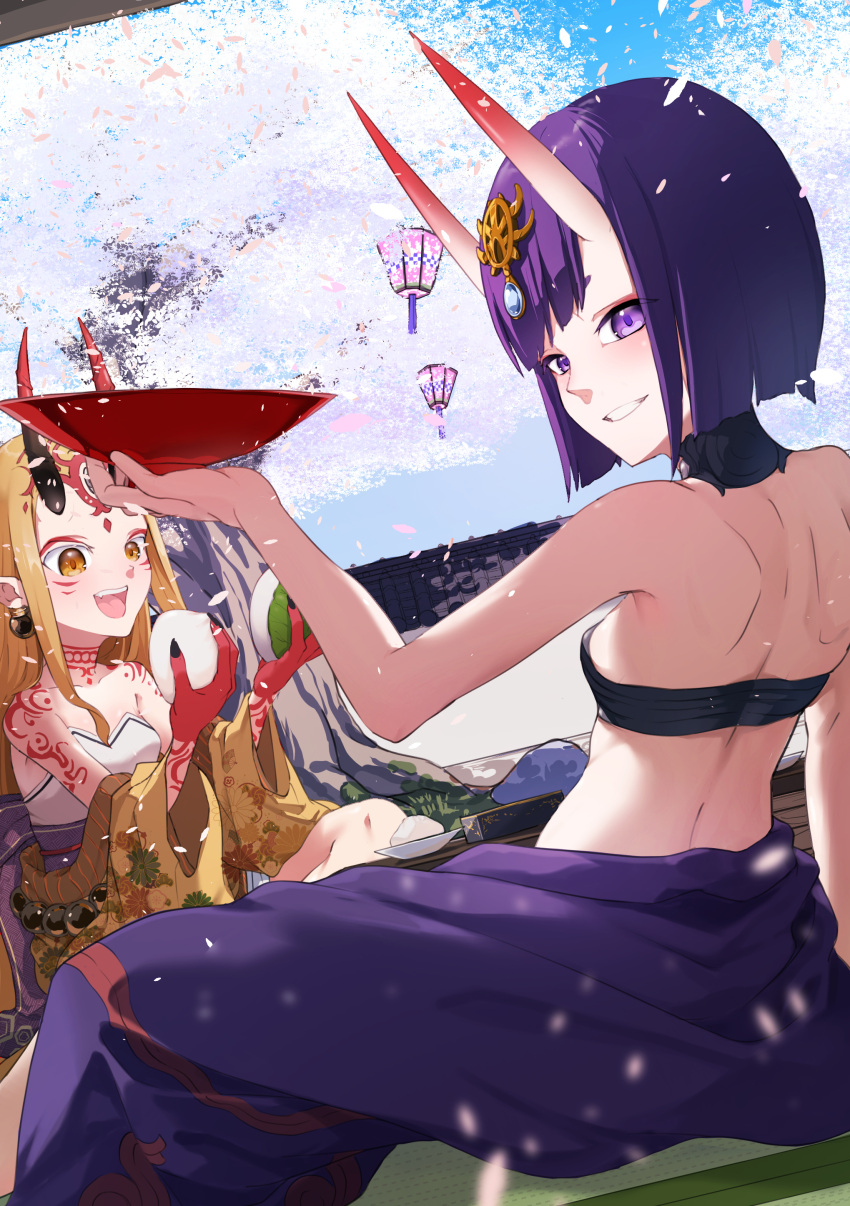 absurdres bare_shoulders blonde_hair breasts cup eyeliner facial_mark fate/grand_order fate_(series) forehead forehead_mark grin hair_pulled_back headpiece highres horns ibaraki_douji_(fate) japanese_clothes kimono long_hair long_sleeves looking_at_viewer looking_back makeup off_shoulder oni open_mouth purple_eyes purple_hair purple_kimono sakazuki sash short_hair shuten_douji_(fate) skin-covered_horns small_breasts smile tattoo terasako wide_sleeves yellow_eyes yellow_kimono