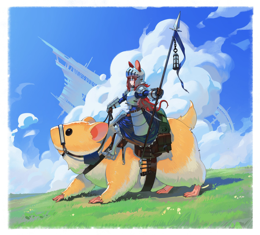 absurdres aircraft airship animal animal_ears armor bedroll blue_sky bracer cloud cloudy_sky faulds gemi_ningen grass hamster helmet highres holding holding_polearm holding_weapon knight ladder lance lantern long_hair mouse_ears mouse_girl mouse_tail oversized_animal plate_armor polearm ratkin_(rimworld) red_hair rimworld sabaton saddle saddlebags skirt sky spear tail weapon