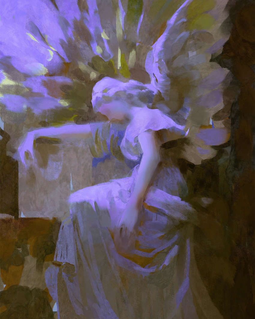 1girl abstract abstract_background angel angel_wings art_study commentary dress english_commentary faceless faceless_female faux_traditional_media feet_out_of_frame from_side highres long_dress long_hair looking_at_viewer original resting sitting solo white_dress wings yuming_li
