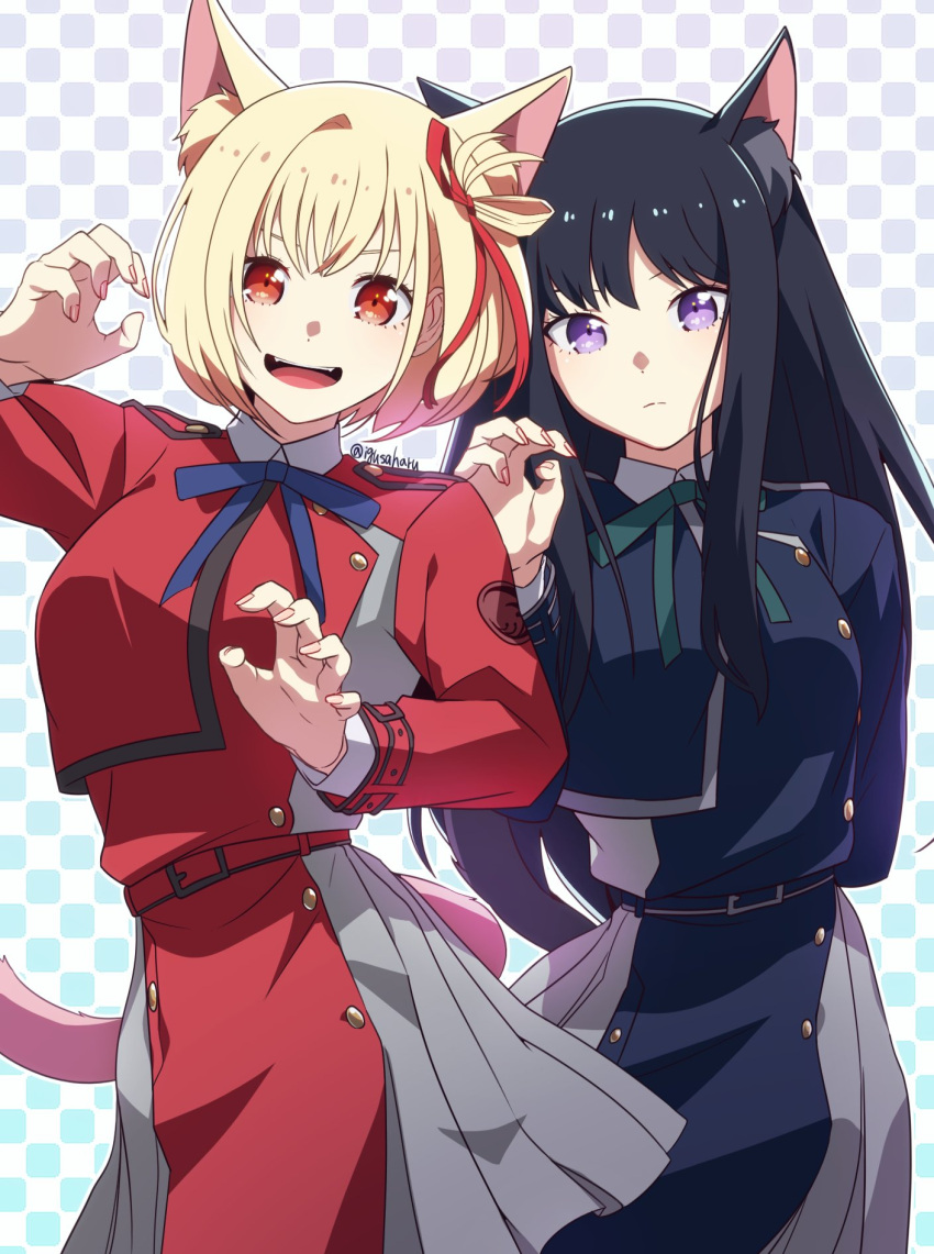 2girls animal_ear_fluff animal_ears arm_behind_back belt black_belt black_hair black_shirt black_skirt blonde_hair blue_ribbon cat_ears cat_tail claw_pose closed_mouth commentary cowboy_shot expressionless fingernails green_ribbon grey_skirt grid_background hair_ribbon hand_up hands_up highres igusaharu inoue_takina kemonomimi_mode long_hair long_sleeves looking_at_viewer lycoris_recoil lycoris_uniform multiple_girls neck_ribbon nishikigi_chisato open_mouth orange_eyes pink_tail pleated_skirt purple_eyes red_belt red_ribbon red_shirt red_skirt ribbon shirt short_hair skirt smile standing symbol-only_commentary tail twitter_username