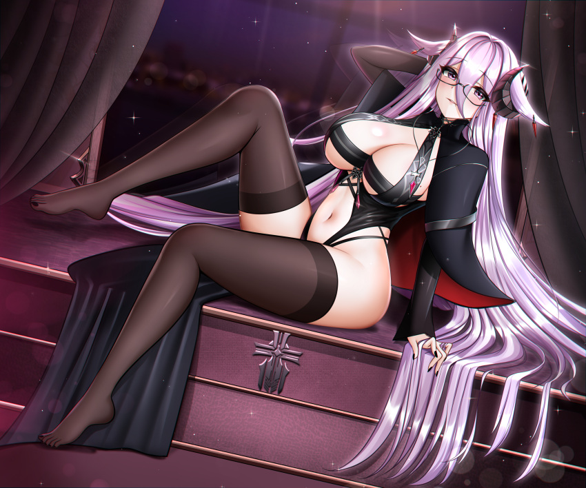 1girl absurdres azur_lane barefoot black_horns black_nails breasts brown_curtains brown_thighhighs cleavage clothing_cutout commentary curled_horns curtains forward_facing_horns friedrich_carl_(azur_lane) full_body gem hand_in_own_hair highres horns huge_breasts indoors iron_blood_(emblem) itacho_(itasha_draws) long_hair looking_at_viewer nail_polish navel purple_eyes purple_gemstone purple_hair rectangular_eyewear semi-rimless_eyewear sitting solo stomach_cutout thighhighs very_long_hair