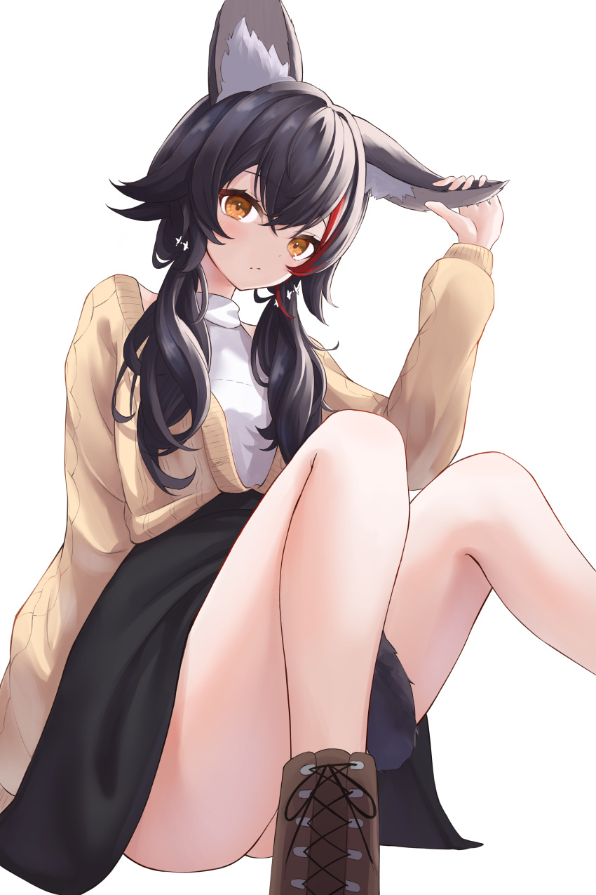 1girl absurdres animal_ear_fluff animal_ears black_hair black_skirt blush breasts brown_footwear highres hololive long_hair looking_at_viewer low_twintails medium_breasts multicolored_hair official_alternate_costume ookami_mio ookami_mio_(casual) p-tomi red_hair shirt shoes skirt solo streaked_hair tail tail_around_own_leg twintails virtual_youtuber white_background white_shirt wolf_ears wolf_girl wolf_tail yellow_eyes